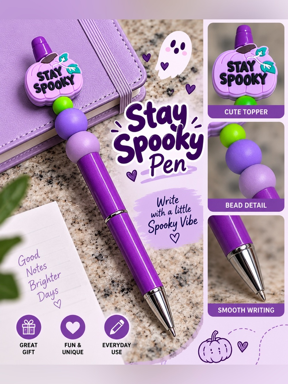 Halloween Purple Pumpkin 'Stay Spooky' Pen Topper with Green Accent NEW